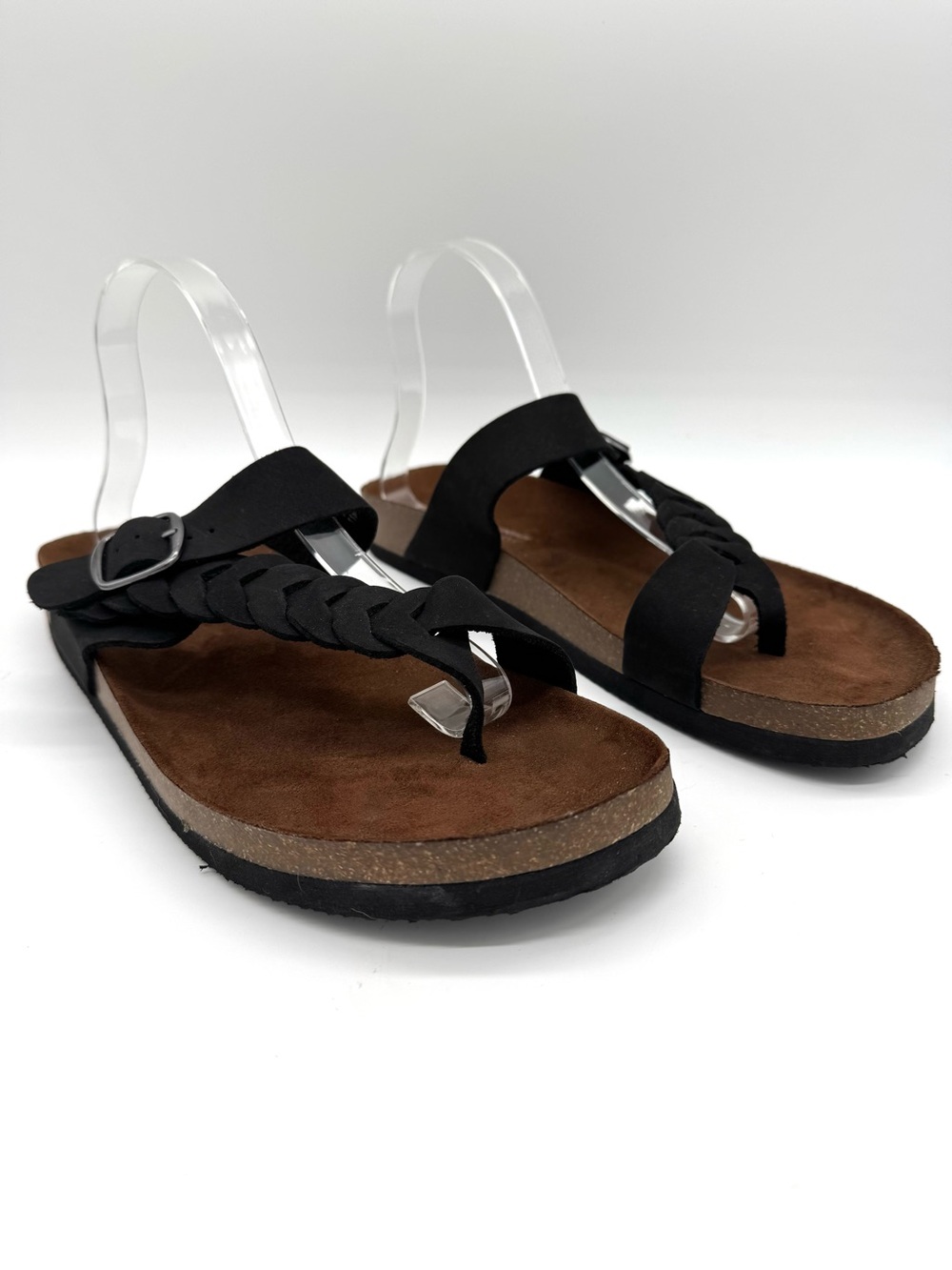 White Mountain Footbeds Happier Toe Loop Slip On black Leather Sandals Sz 11